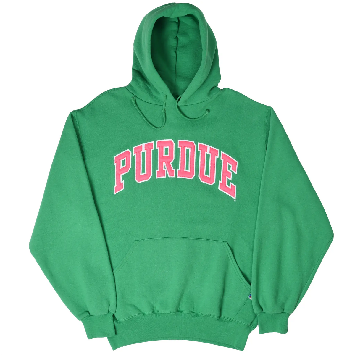Front view of green Purdue hoodie with red and white arched lettering, drawstring hood, and pouch pocket