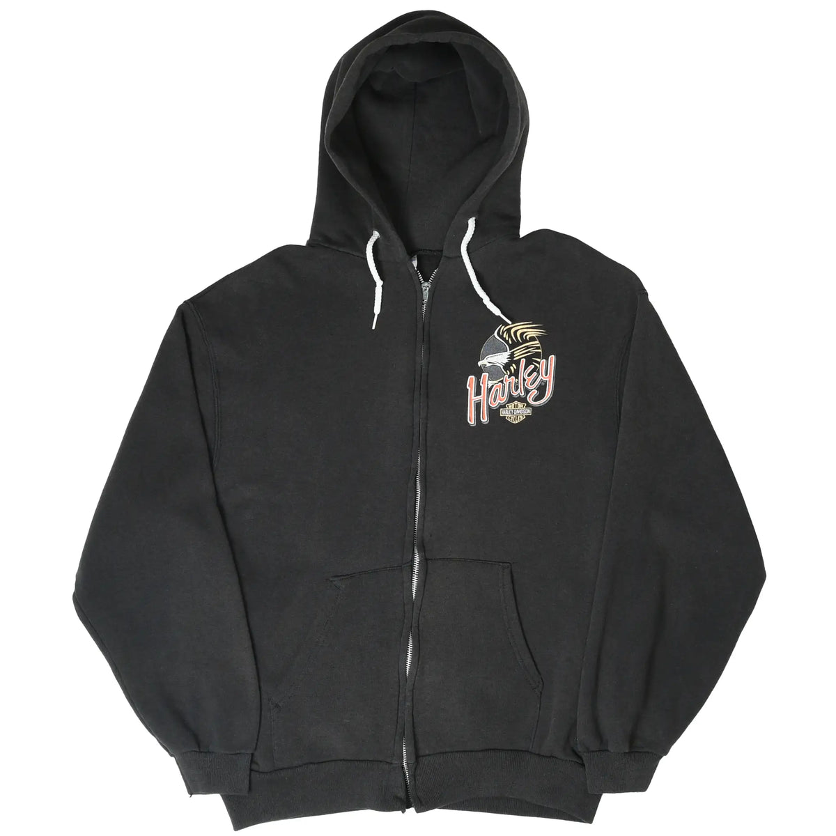Front of black Harley-Davidson zip hoodie with white drawstrings and eagle chest graphic