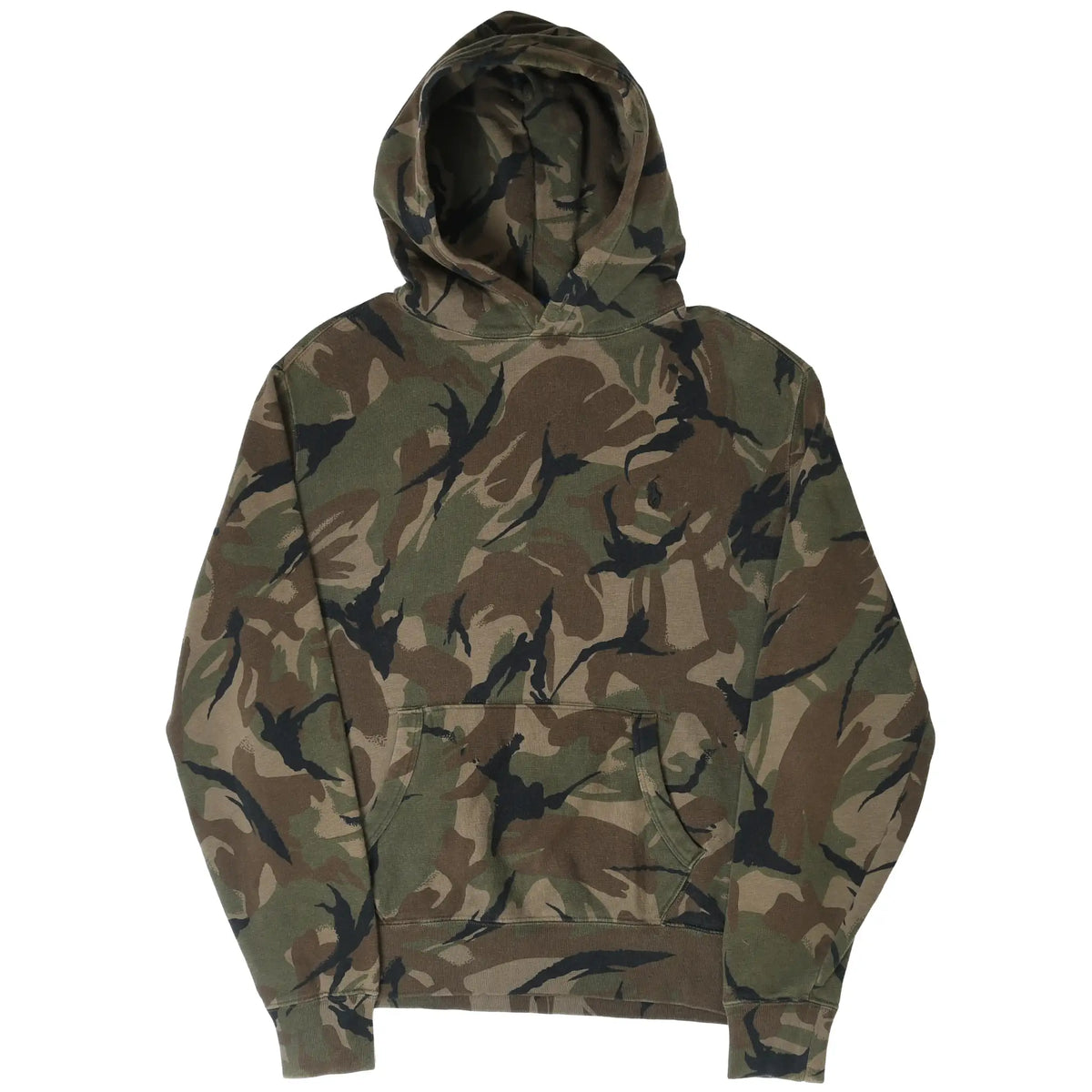 Front angled view of Polo Ralph Lauren camouflage hoodie with kangaroo pocket
