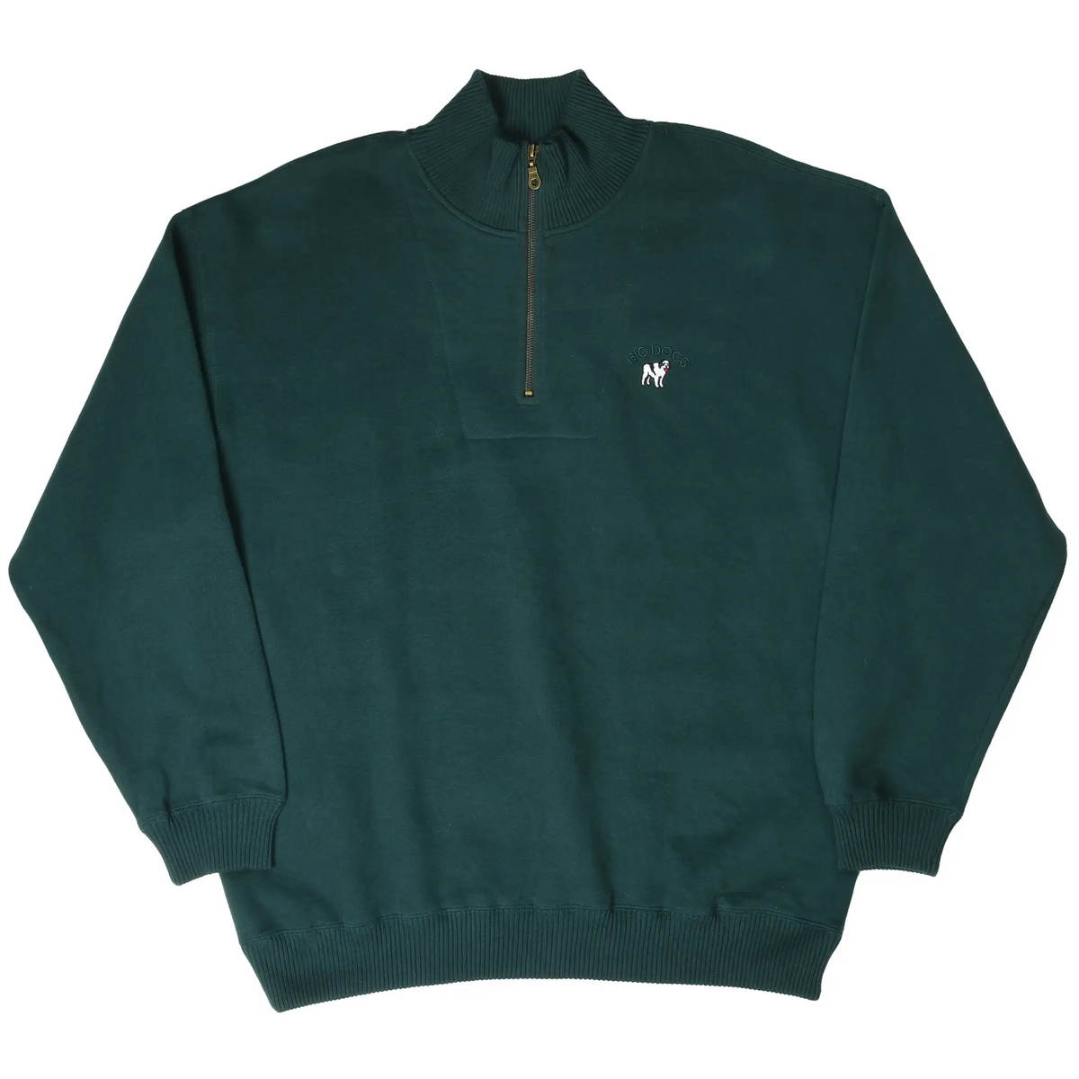Full front view of dark green Big Dogs quarter-zip sweatshirt with ribbed collar, cuffs, and hem