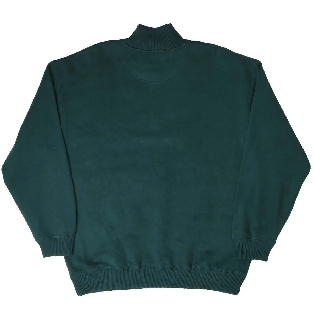 Back of dark green Big Dogs quarter-zip sweatshirt with ribbed collar, cuffs, and hem