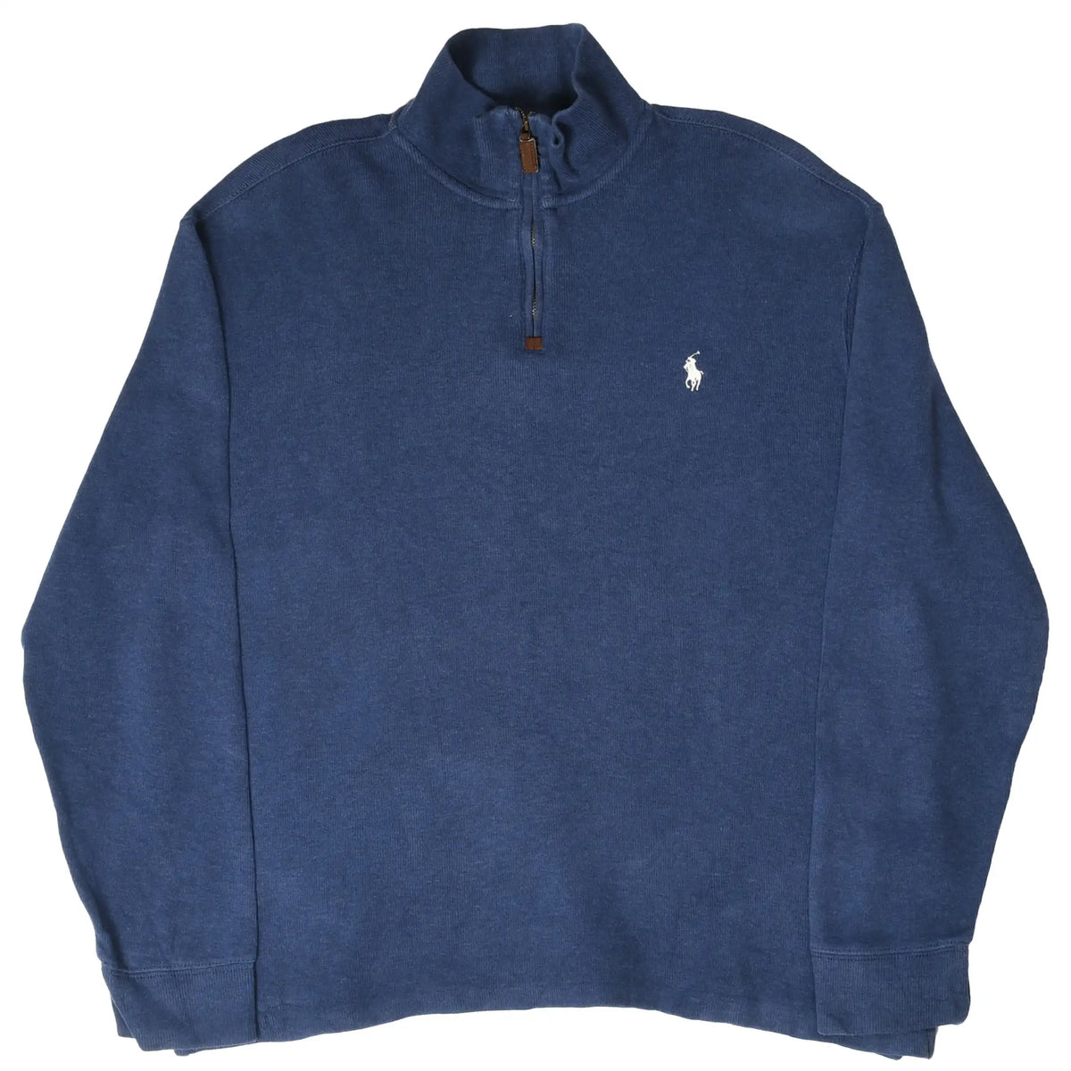 Full front view of blue Polo Ralph Lauren quarter-zip sweater with white pony logo