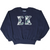 Front view of navy Russell Athletic crewneck sweatshirt with plaid Epsilon Kappa letters