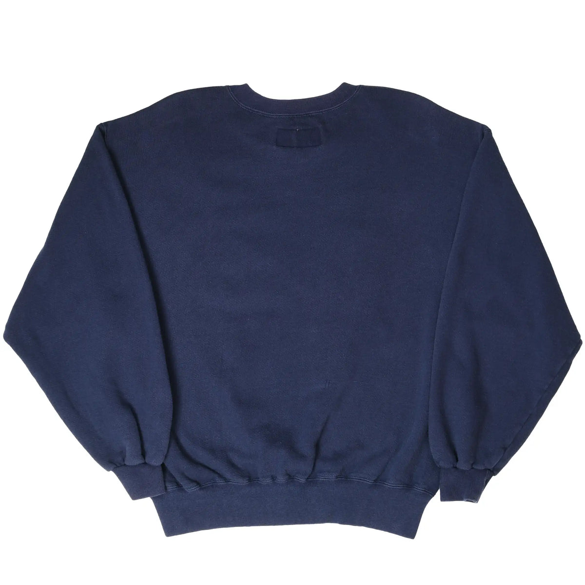 Back view of plain navy Russell Athletic crewneck sweatshirt