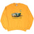 Full front view of gold Triumph TRS crewneck sweatshirt with Le Mans 1961 race car print