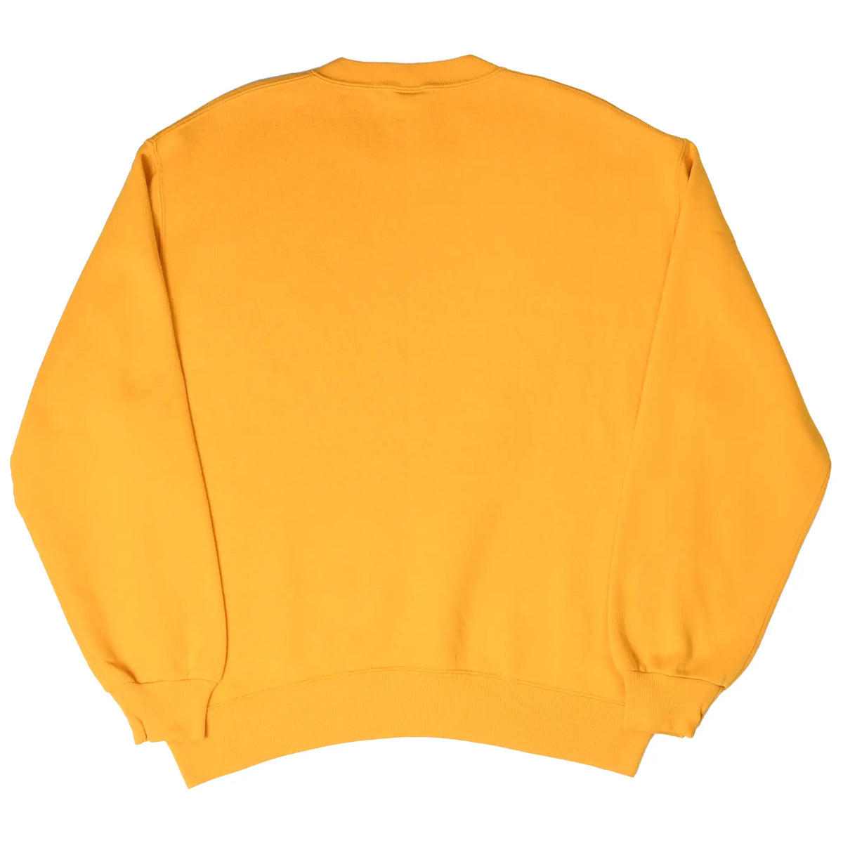 Back of gold crewneck sweatshirt with ribbed cuffs and waistband