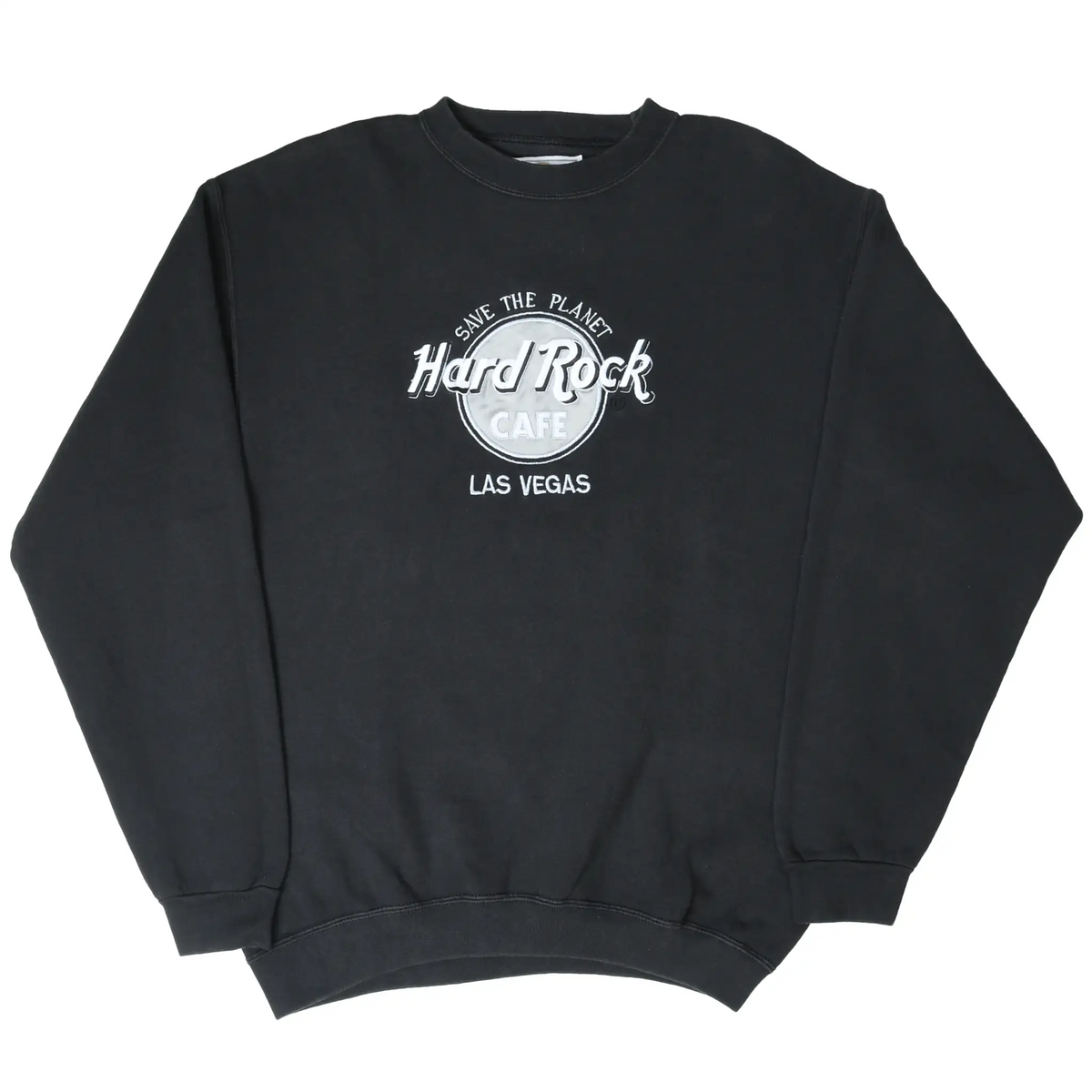 Full front view of black Hard Rock Cafe Las Vegas crewneck sweatshirt