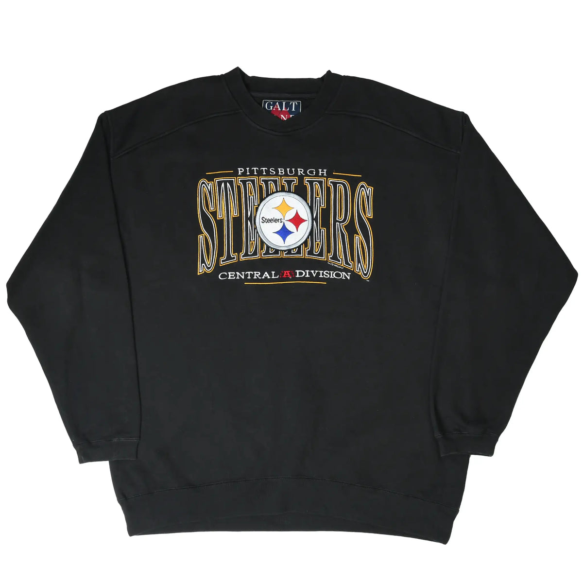 Full front view of black Pittsburgh Steelers crewneck sweatshirt with embroidered chest graphic