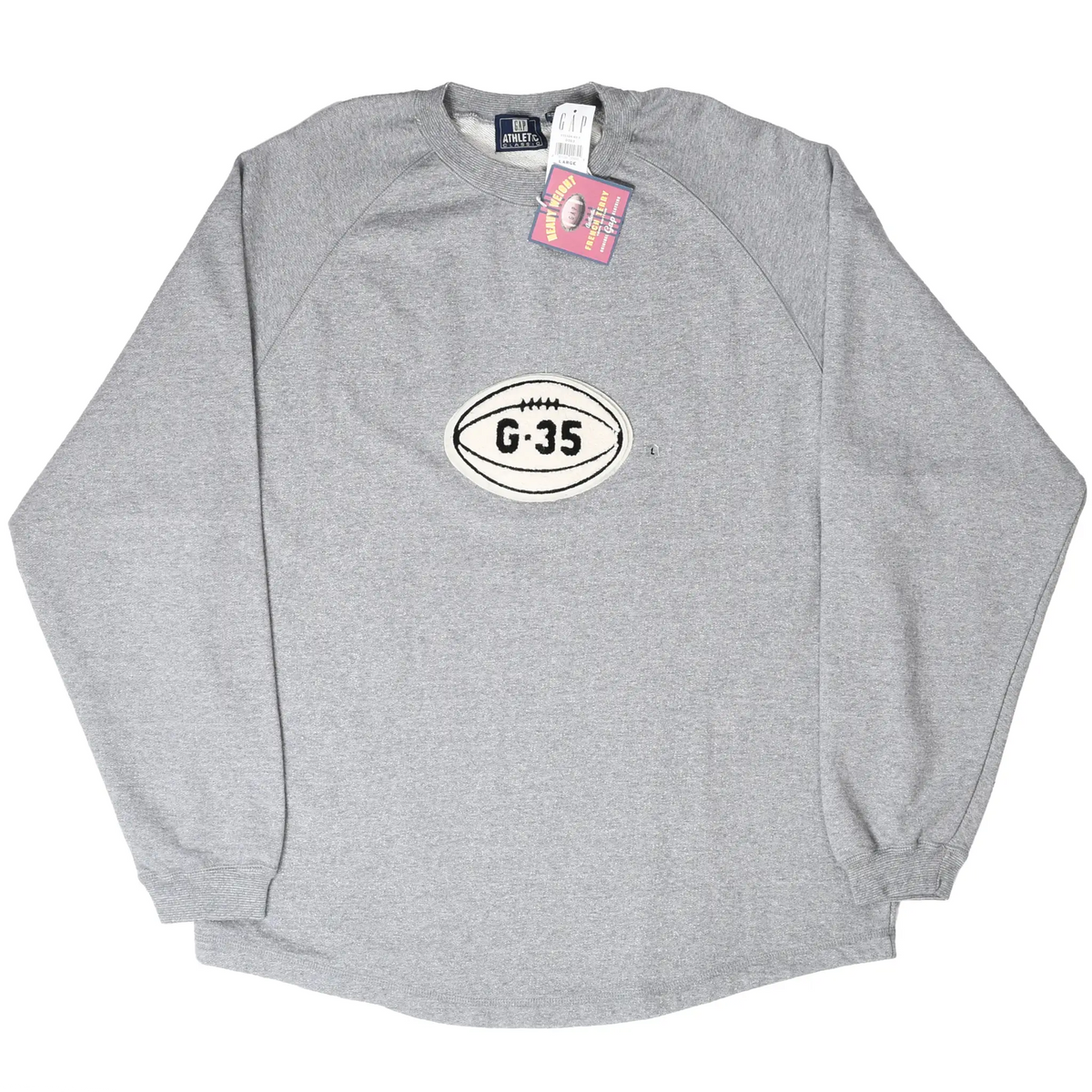 Full front view of grey Gap sweatshirt with G-35 football patch and raglan sleeves