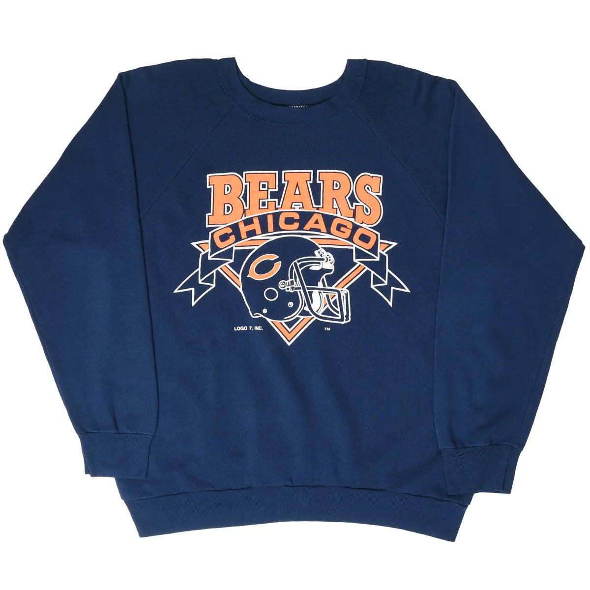 Full front view of navy Chicago Bears crewneck sweatshirt with helmet graphic