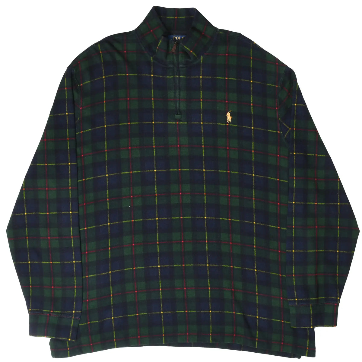 Front of plaid Polo Ralph Lauren quarter-zip sweater with gold pony embroidery