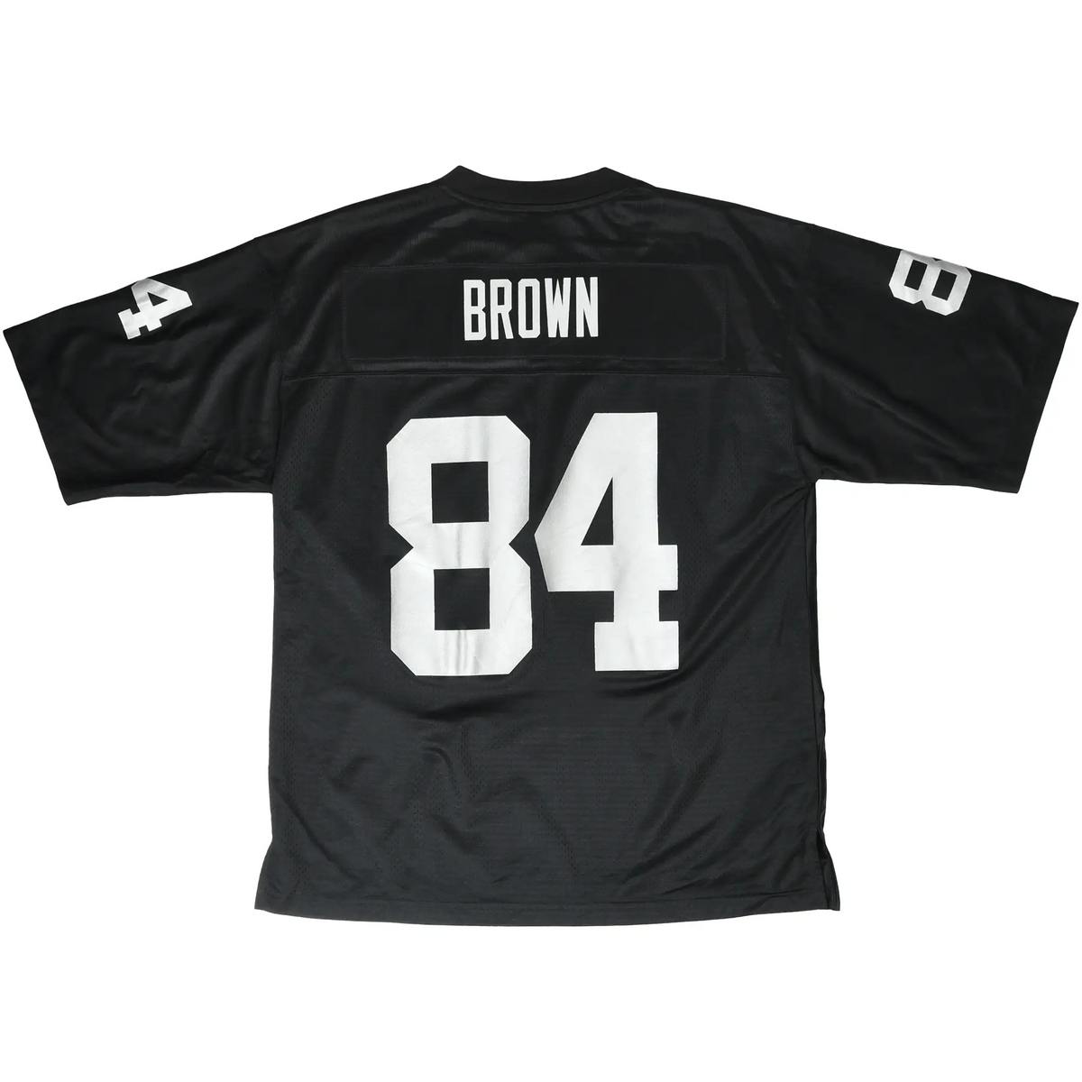 Back of black Oakland Raiders jersey with Brown name and white number 84