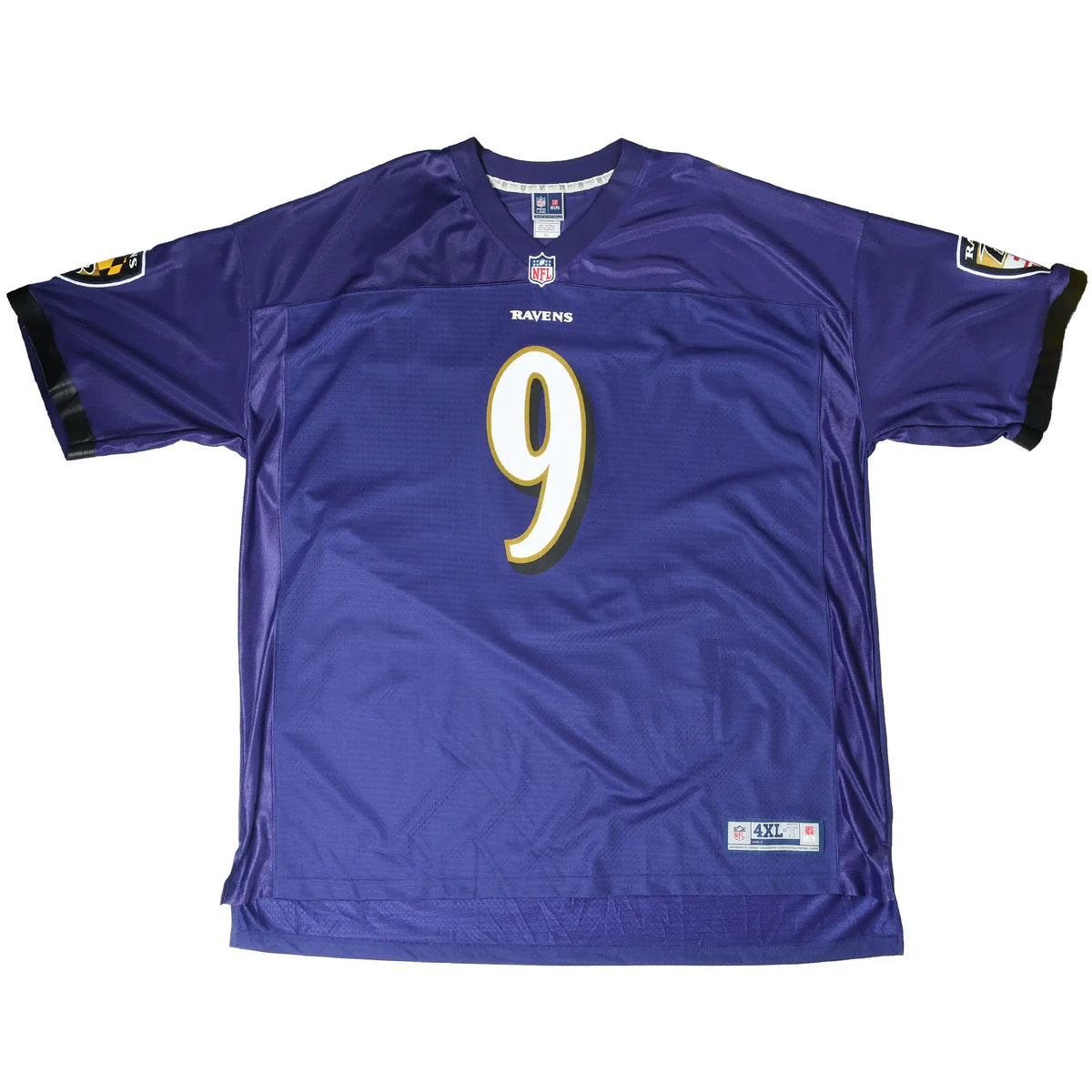 Front of purple Baltimore Ravens Tucker number 9 NFL jersey with black sleeve trim
