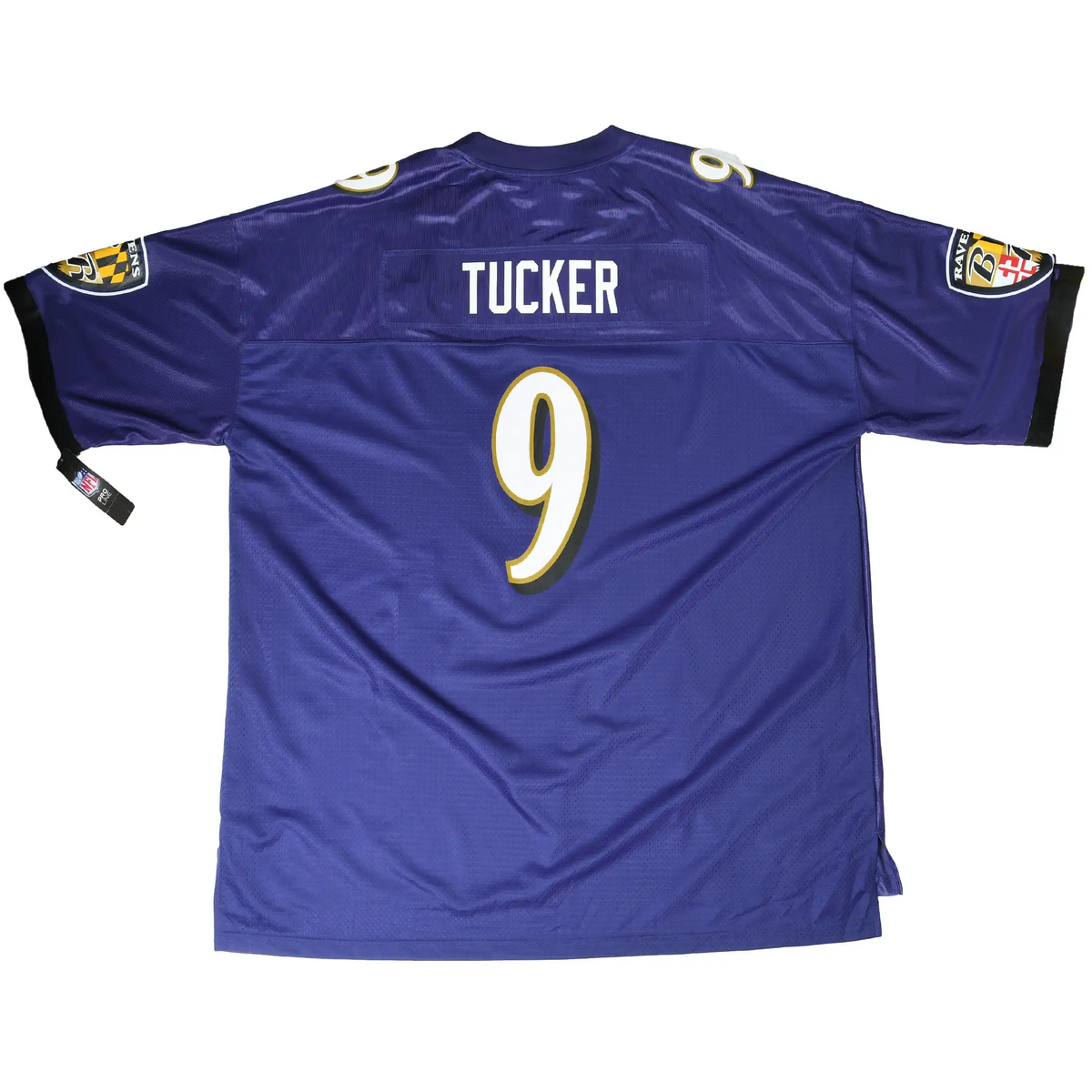 Back of purple Baltimore Ravens jersey with Tucker name, number 9, and sleeve logos