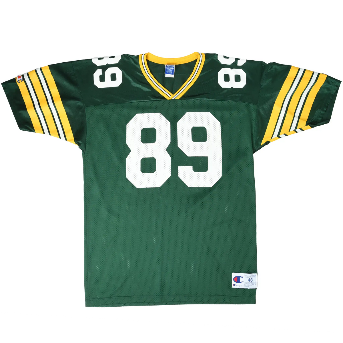 Full front of green Champion football jersey with white number 89 and yellow striped sleeves