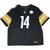 Full front of black Pittsburgh Steelers #14 jersey with team crest and yellow striped sleeves