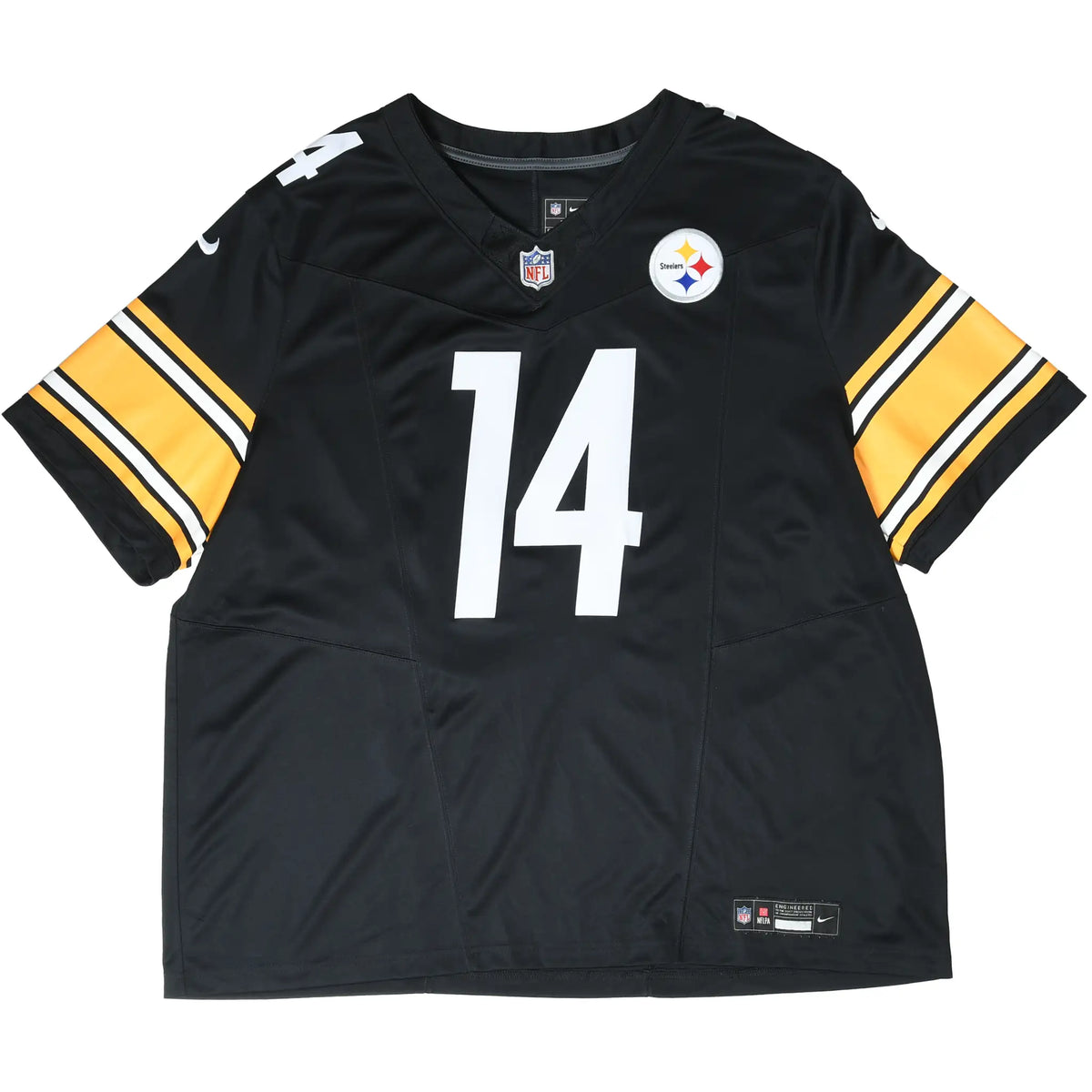 Full front of black Pittsburgh Steelers #14 jersey with team crest and yellow striped sleeves