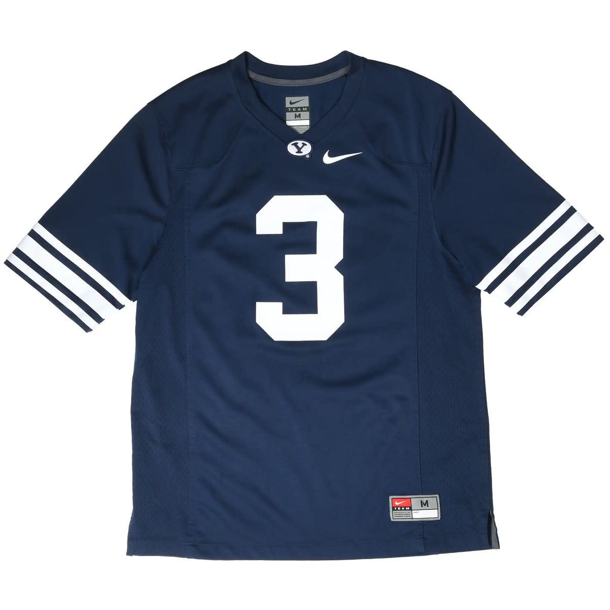 Full front view of navy Nike BYU Cougars number 3 football jersey