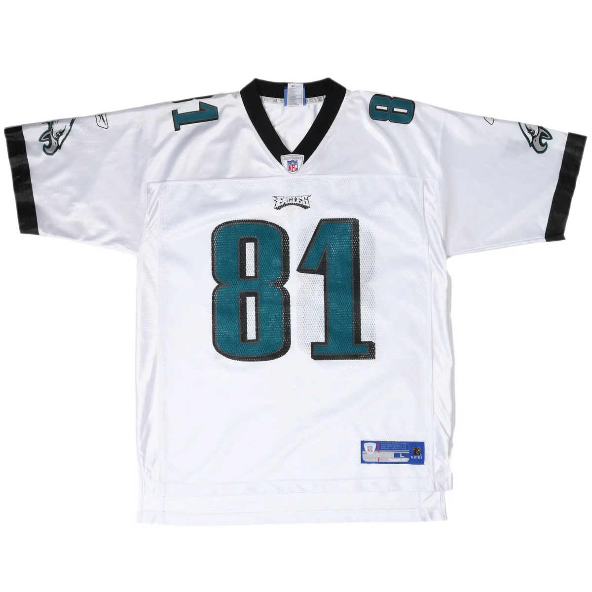 Front of white Philadelphia Eagles Reebok NFL jersey with teal number 81
