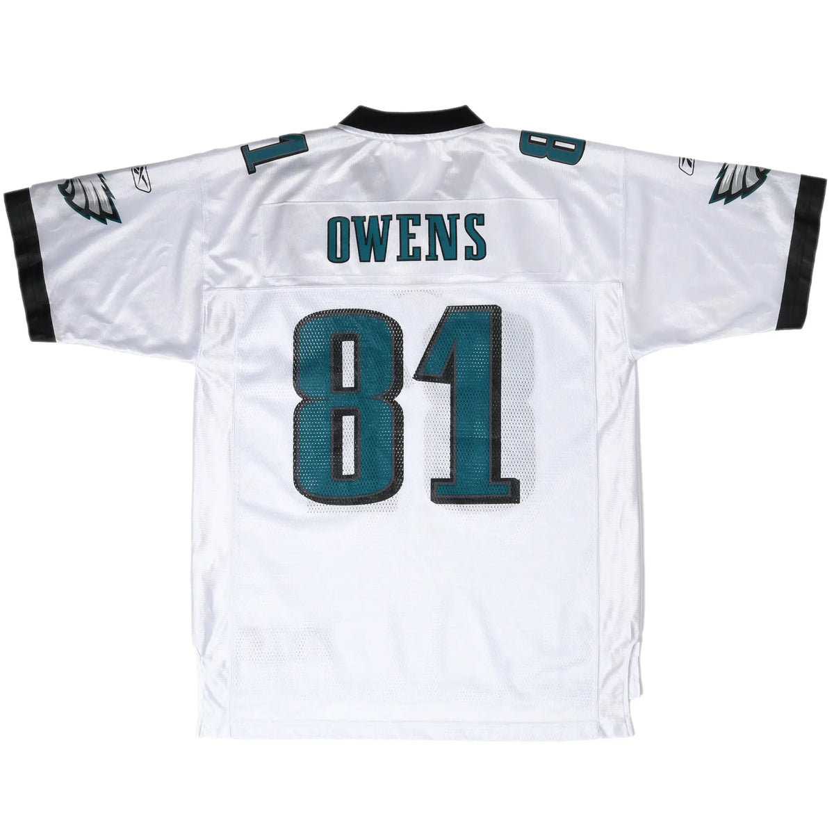 Back of white Philadelphia Eagles jersey with Owens name and teal number 81