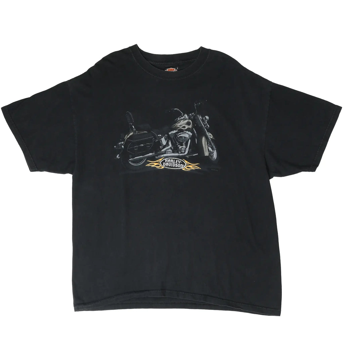 Full front view of black Harley-Davidson T-shirt with motorcycle graphic