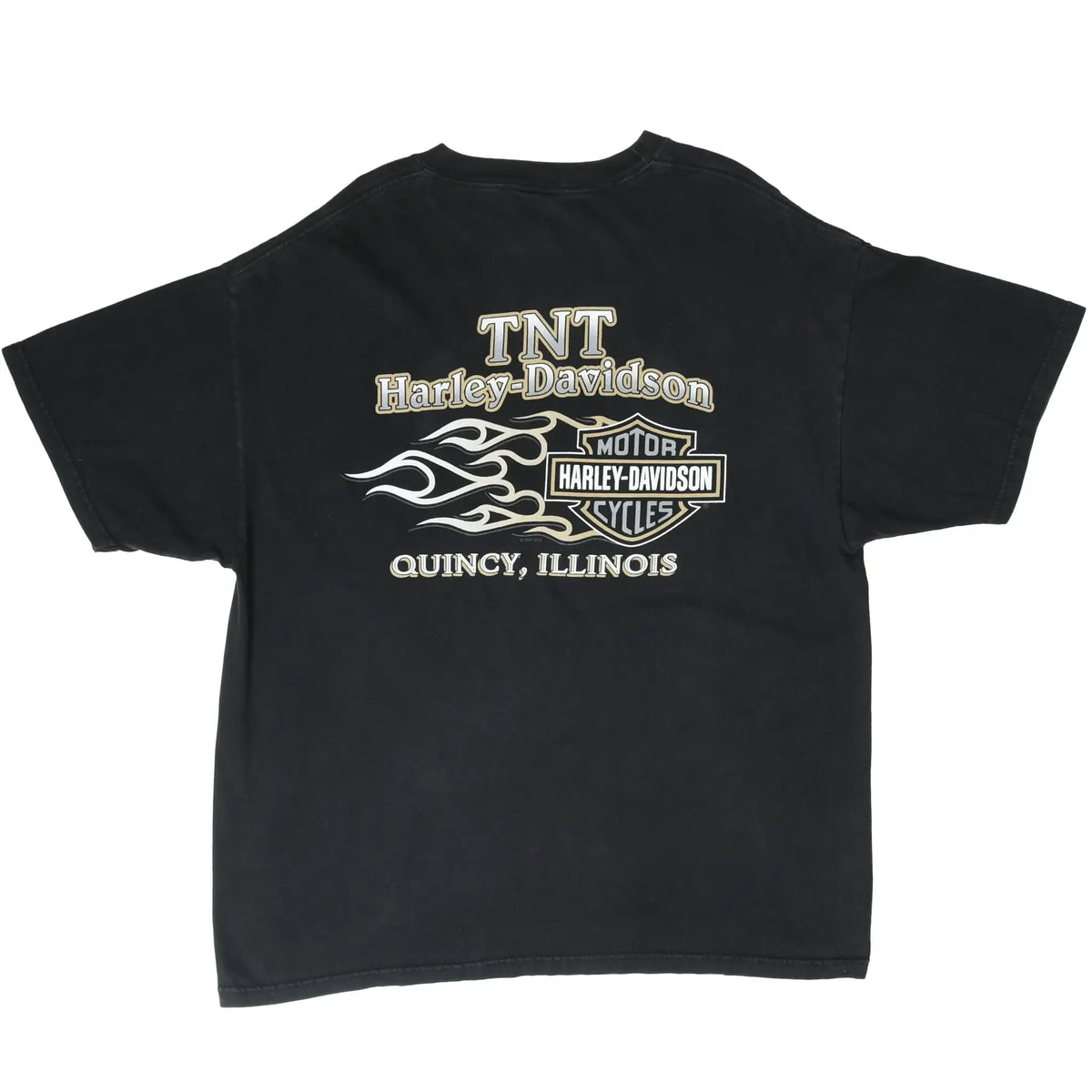 Back of black TNT Harley-Davidson T-shirt with flames and Quincy, Illinois graphic