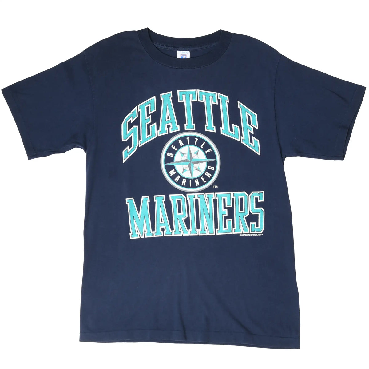 Full front view of navy Seattle Mariners T-shirt with teal and white team graphic