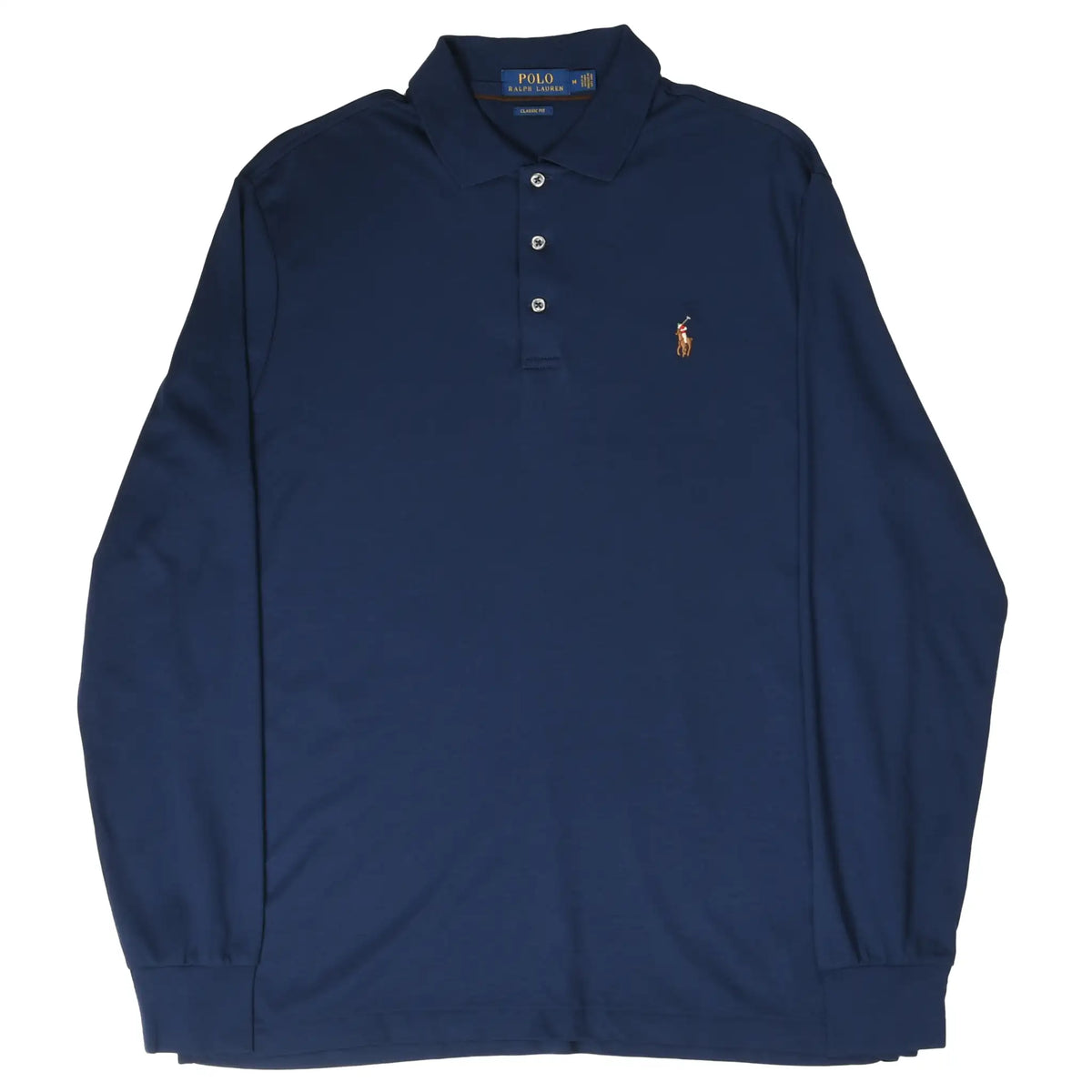 Full front view of navy blue Polo Ralph Lauren long-sleeve polo shirt