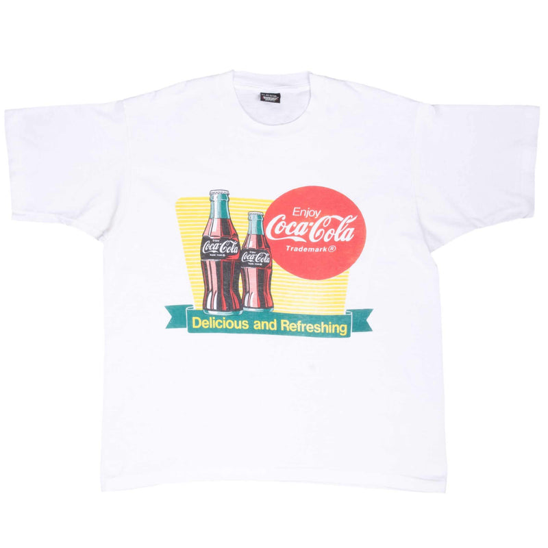 Vintage Coca Cola Company White Tee Shirt 1980S Size Large Made In USA With Single Stitch Sleeves