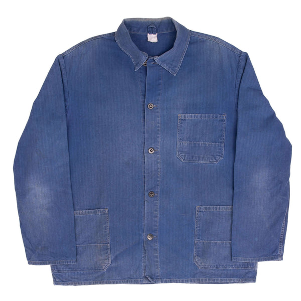 Vintage French Work Wear Jacket Bleu De Travail 1960s Size Large Twill Herringbone