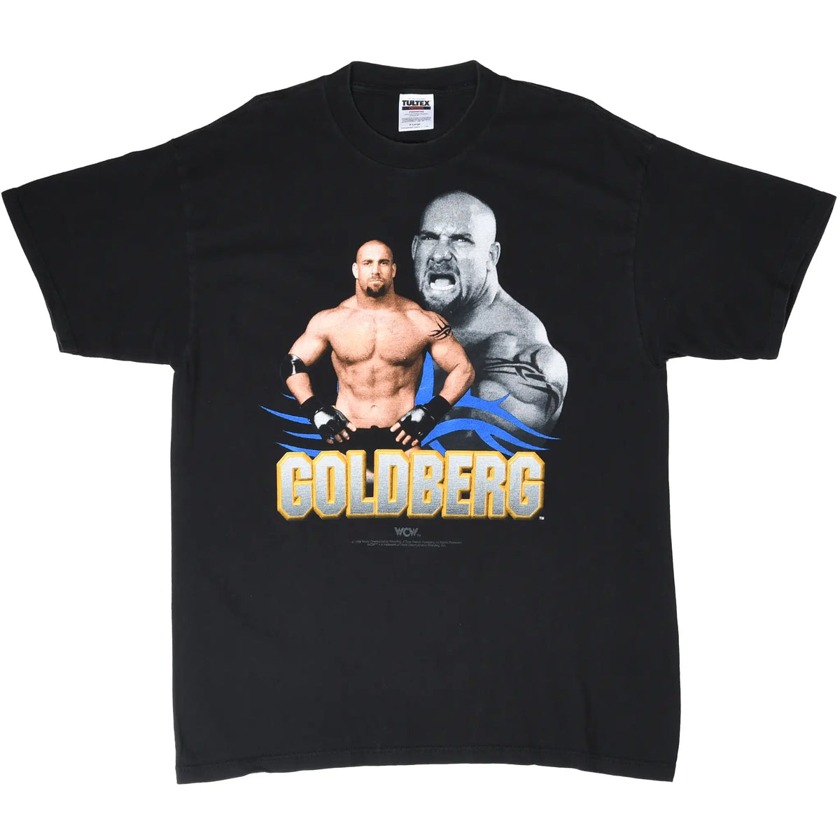 Full front view of black WCW Goldberg T-shirt with wrestler portraits and name graphic