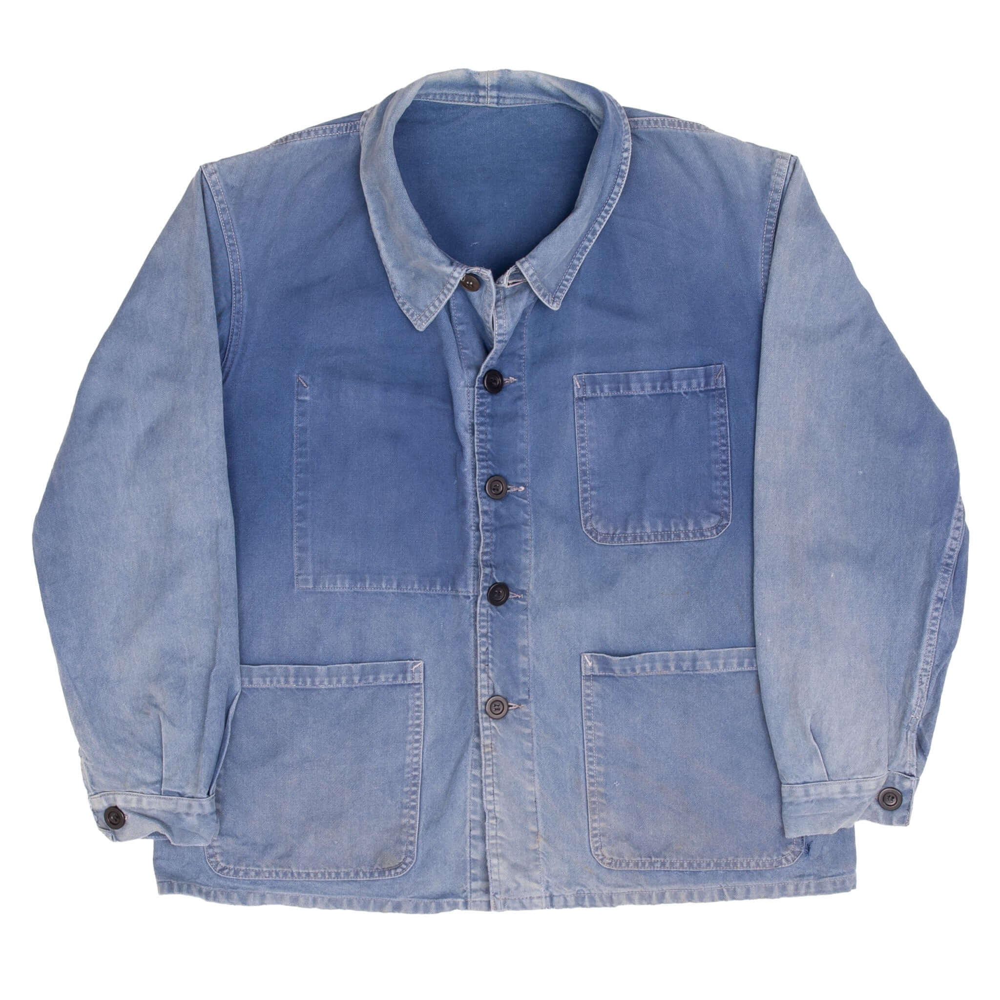 Vintage French Work Wear Jacket Bleu De Travail 1960s Size Large With A Beautiful Light Wash