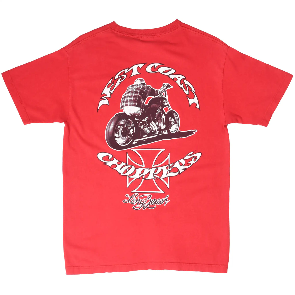 Back of red West Coast Choppers T-shirt with biker, motorcycle, cross, and Long Beach graphic
