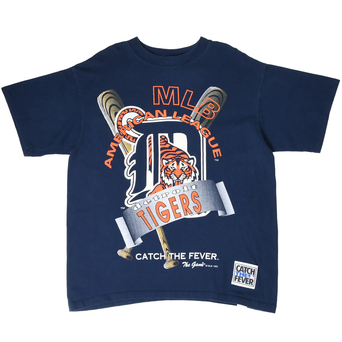 Full front of navy Detroit Tigers MLB Catch the Fever graphic T-shirt