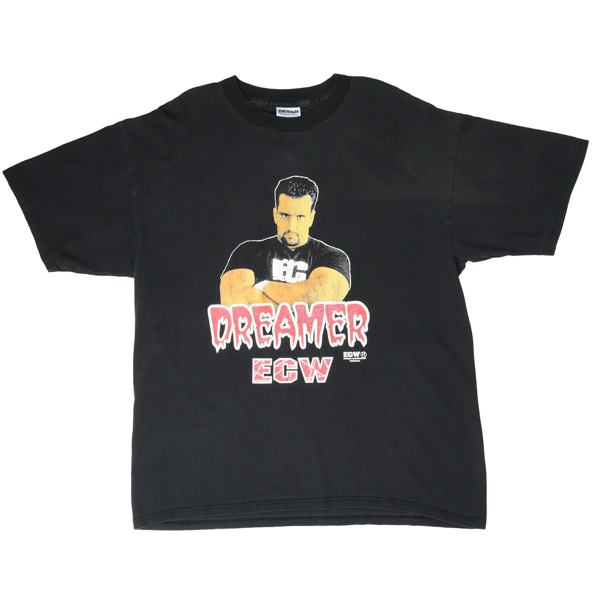 Full front view of black ECW Tommy Dreamer T-shirt with portrait and red and white lettering