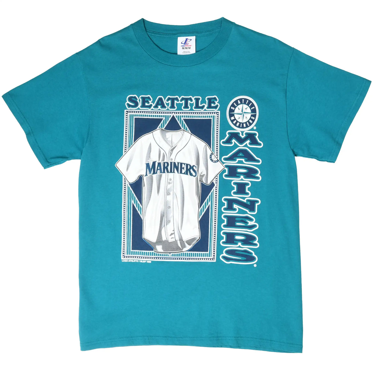 Full front view of teal Seattle Mariners T-shirt with jersey graphic