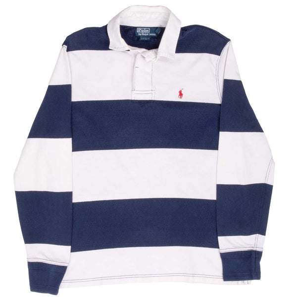Vintage Ralph Lauren Blue And White Striped Rugby Polo Shirt 1990S Size Medium