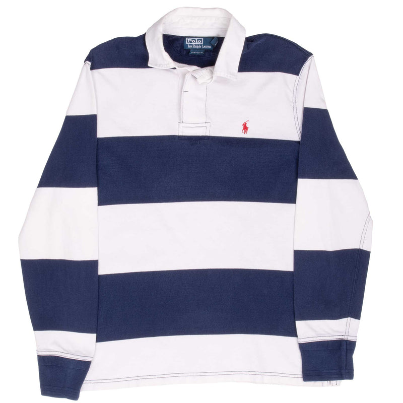 Vintage Ralph Lauren Blue And White Striped Rugby Polo Shirt 1990S Size Medium