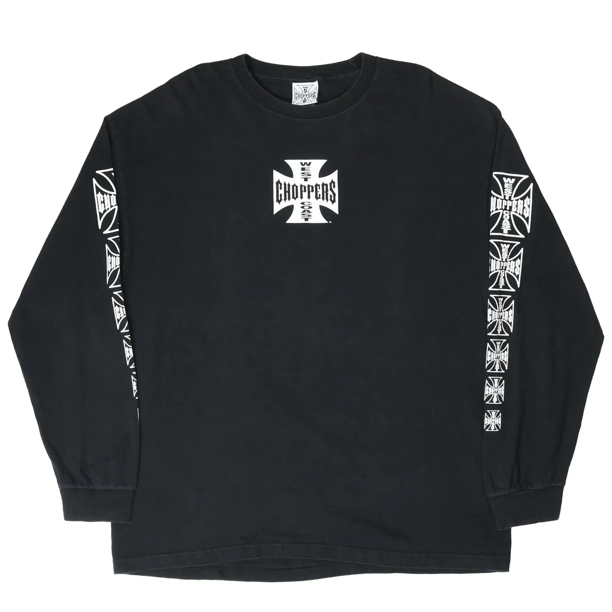 Full front of black West Coast Choppers long-sleeve T-shirt with white chest and sleeve prints