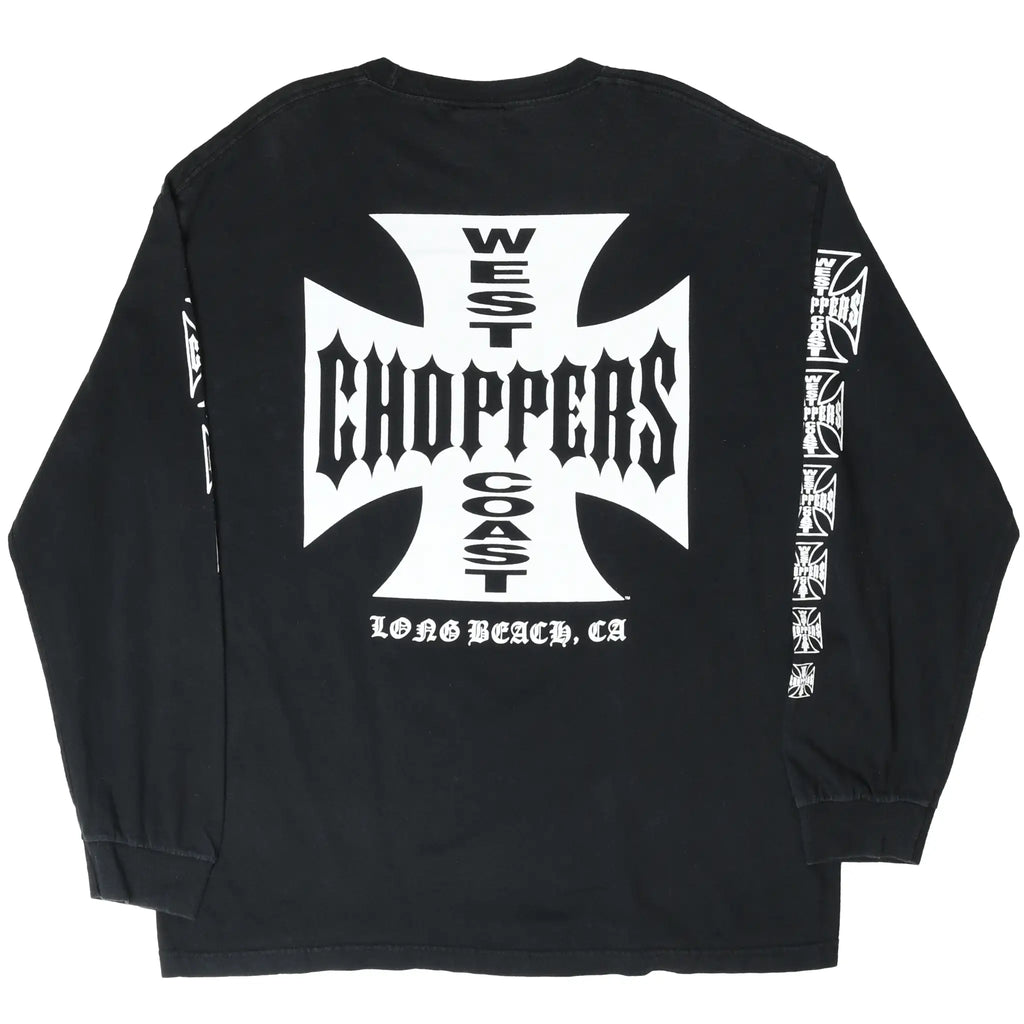 Back of black West Coast Choppers long-sleeve T-shirt with large white cross and Long Beach, CA print