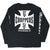 Back of black West Coast Choppers long-sleeve T-shirt with large white cross and Long Beach, CA print