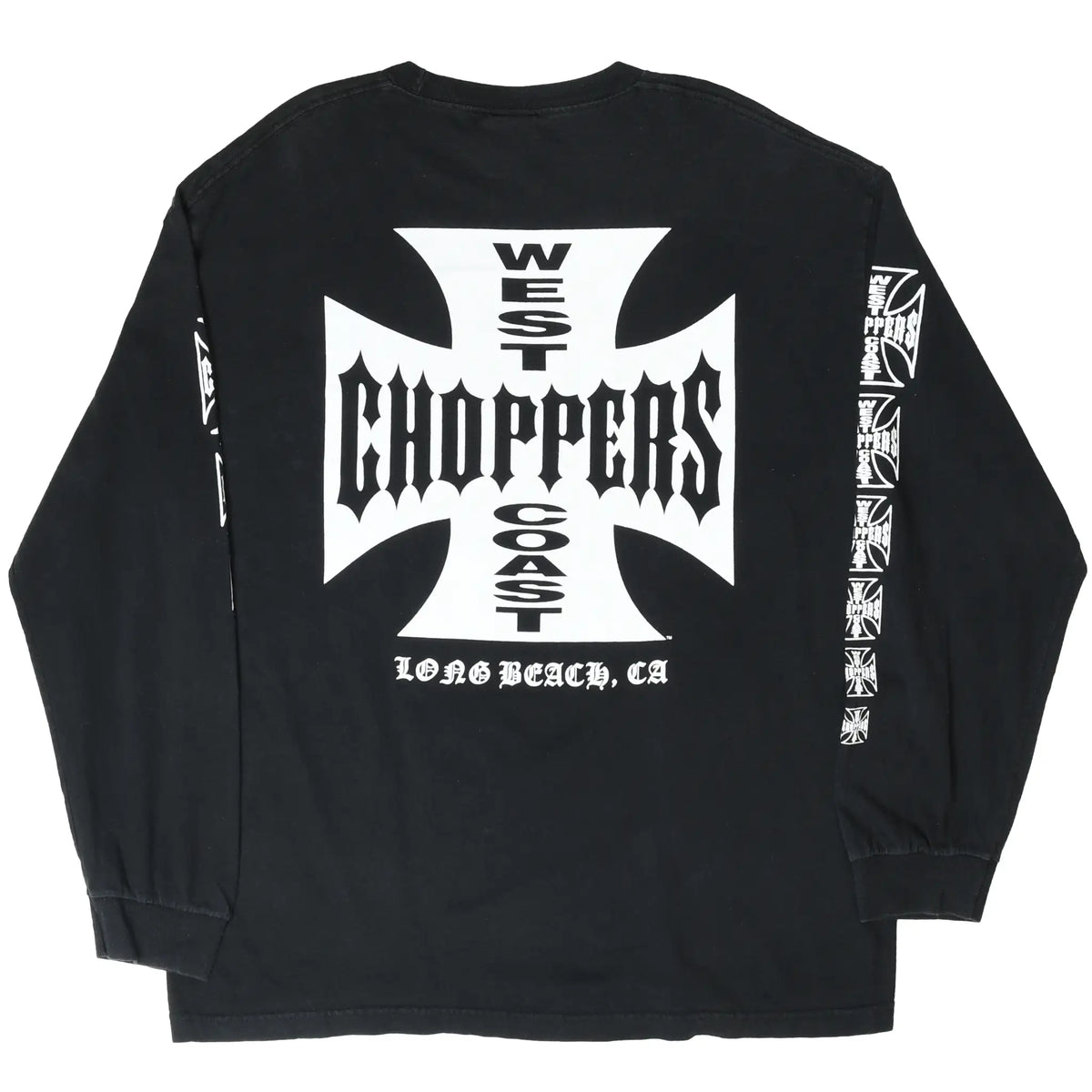 Back of black West Coast Choppers long-sleeve T-shirt with large white cross and Long Beach, CA print