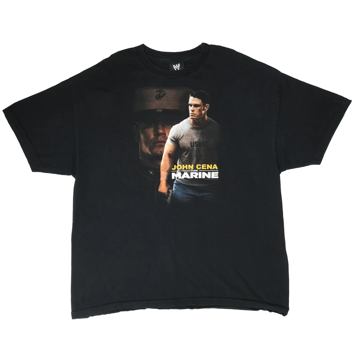 Full front view of black WWE John Cena The Marine graphic T-shirt