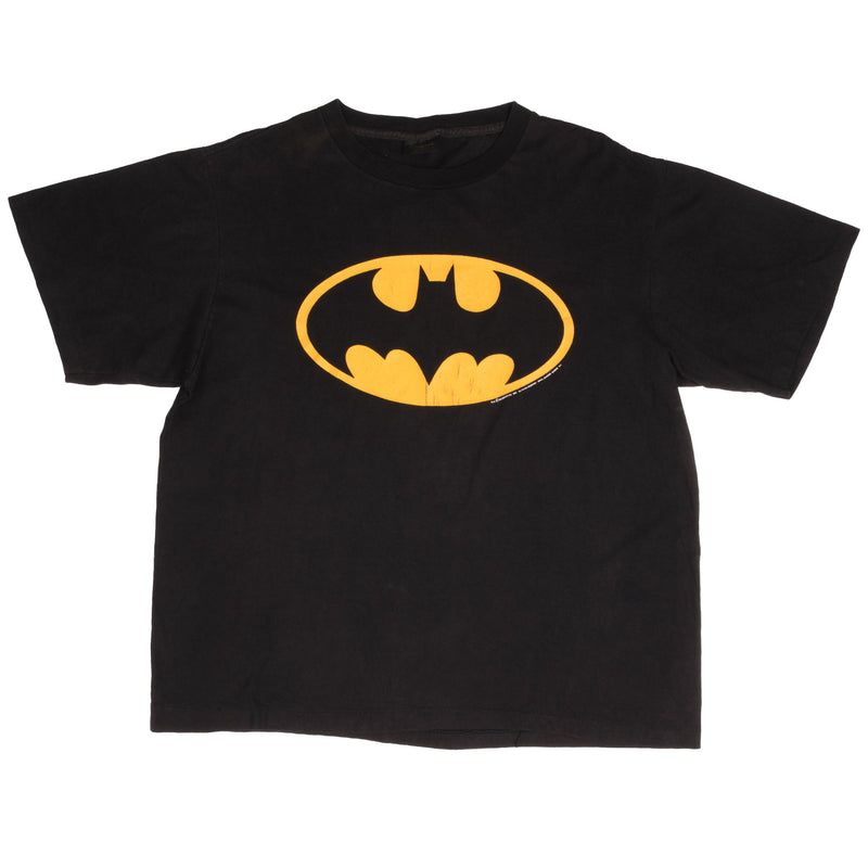 Vintage Dc Comics Batman Emblem Distressed Tee Shirt 1986 Size XL Made In USA With Single Stitch Sleeves.