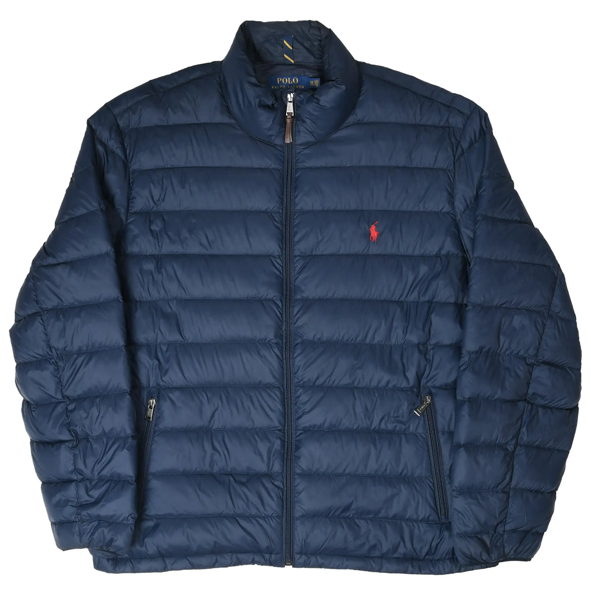 Front view of navy Polo Ralph Lauren puffer jacket with stand collar and full zipper