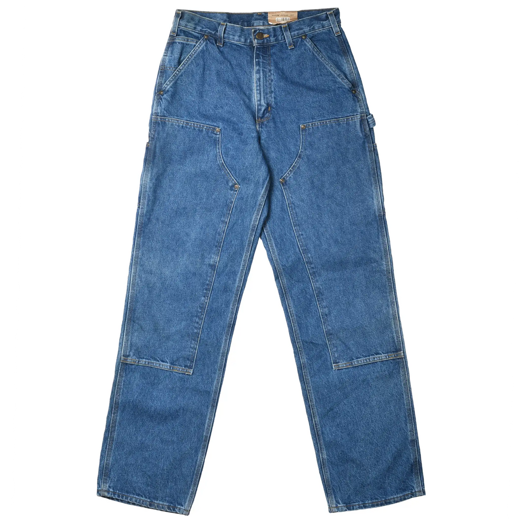 Front of Carhartt B73 blue jeans with double knees, utility pockets, and straight legs