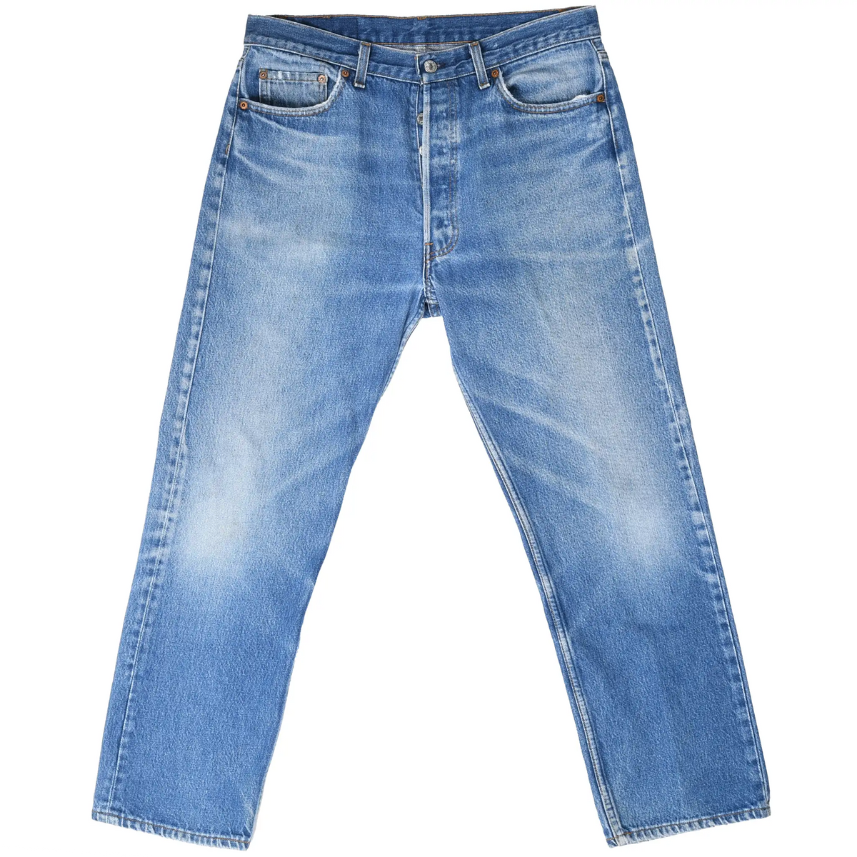 Front view of Levi's 501 blue jeans with button fly, five-pocket styling, and faded thighs