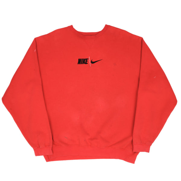 Vintage Nike Spellout Swoosh Red Sweatshirt 1990S Size XL