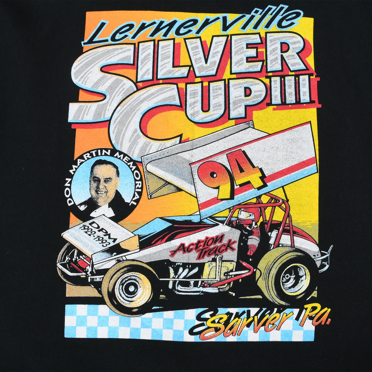 Close-up of Lernerville Silver Cup III '94 graphic with Action Track sprint car