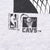 Close-up of NBA licensed product and Cavaliers logos printed on gray fabric